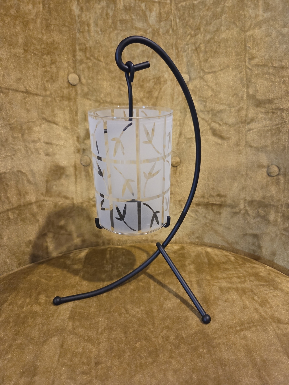 PartyLite Black Metal Hanging Candle Holder with Frosted Glass Bamboo Lantern